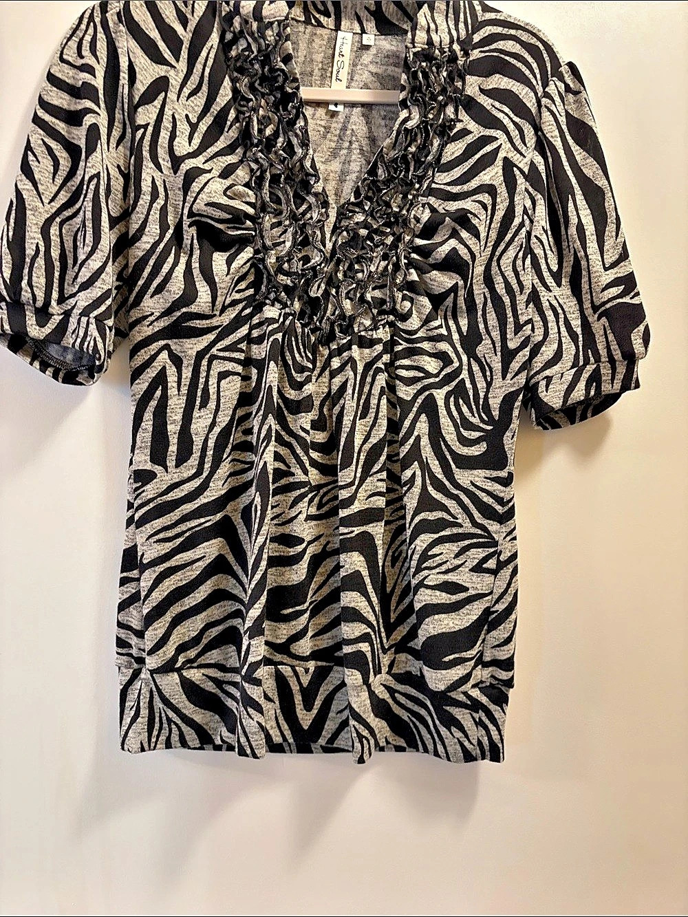 Y2K Era Heart Soul Black and White Zebra Print Ruffled Blouse